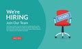 We are Hiring banner. Hire for the Job concept. Empty Office Chair with a Vacancy sign. Vector illustration Royalty Free Stock Photo